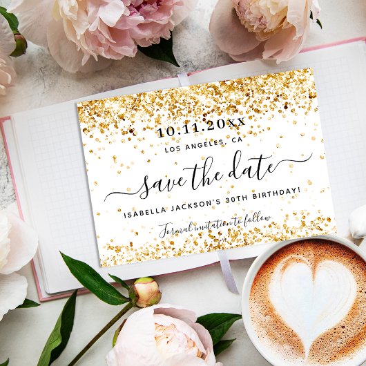 誕生日の白いエレガント金ゴールド日付の保存 案内ポストカード