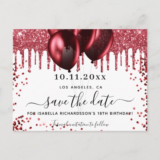 誕生日の白い赤いグリッターバルーン日付を保存 案内ポストカード (正面)