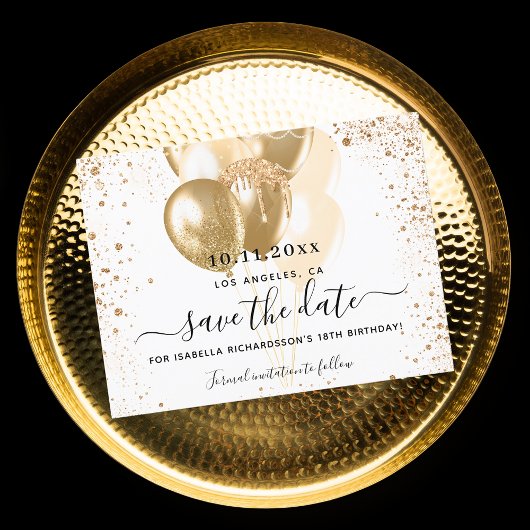 誕生日の白い金ゴールドバルーン日付を保存 案内ポストカード