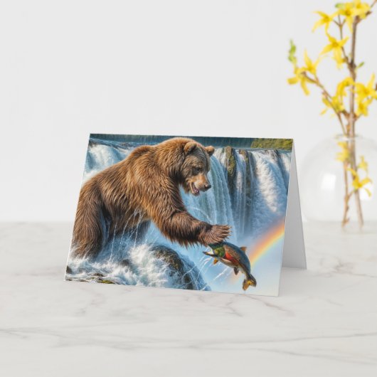 誕生日の白熊がサーモンを捕まえる カード (黄色い花)