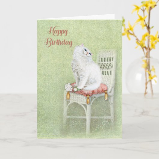 誕生日の白猫と枕の上のバラ カード (黄色い花)