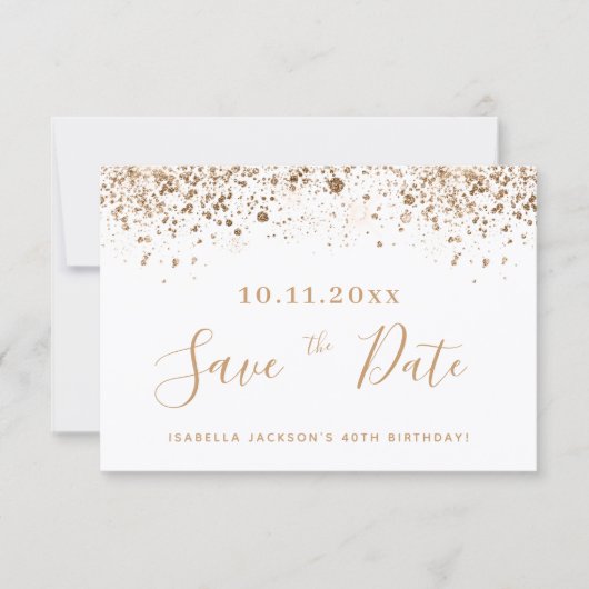 誕生日の白金ゴールドグリッターの粉塵は日付を保存 案内状 (正面)