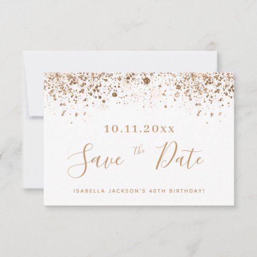 誕生日の白金ゴールドグリッターの粉塵は日付を保存 案内状 (正面)