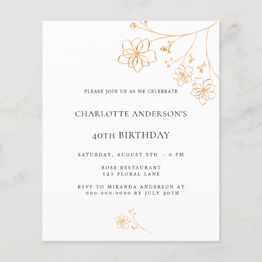 誕生日の白金ゴールドフローラ予算の招待 チラシ (正面)