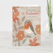 誕生日の秋の葉 花とコマドリ カード (正面)