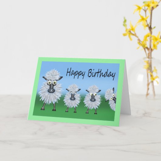 誕生日の羊と子羊の風刺画 カード (黄色い花)