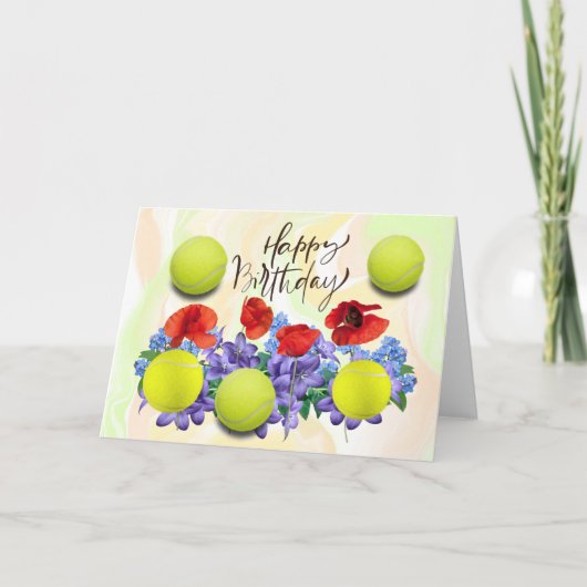 誕生日の花がたくさん咲くテニスボール カード (正面)
