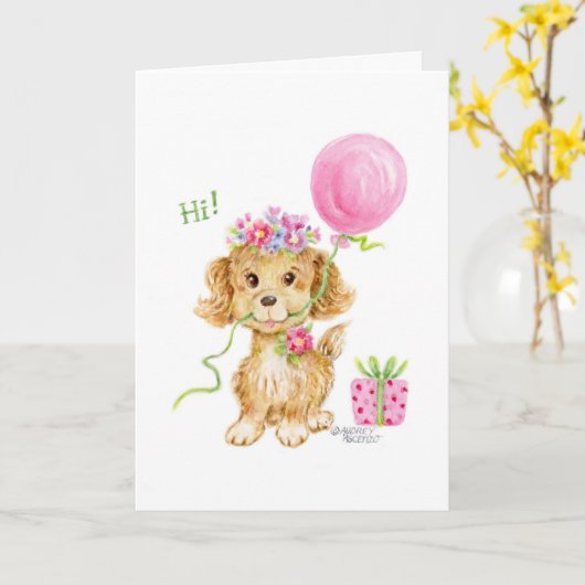 誕生日の花の子犬あなたはとても甘い カード (黄色い花)