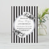誕生日の花の白黒の銀のストライプの招待 招待状 (スタンド正面)