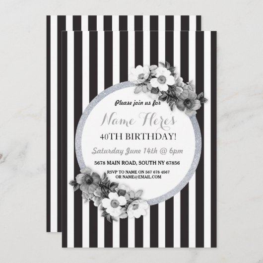 誕生日の花の白黒の銀のストライプの招待 招待状 (正面/裏面)