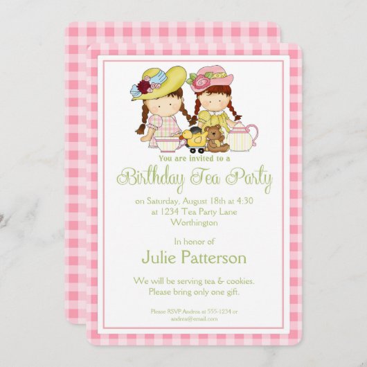 誕生日の茶パーティの招待状の小さな女の子のピンク2 招待状 (正面/裏面)