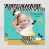 誕生日の蜂のカップケーキの誕生日 招待状 (正面/裏面)