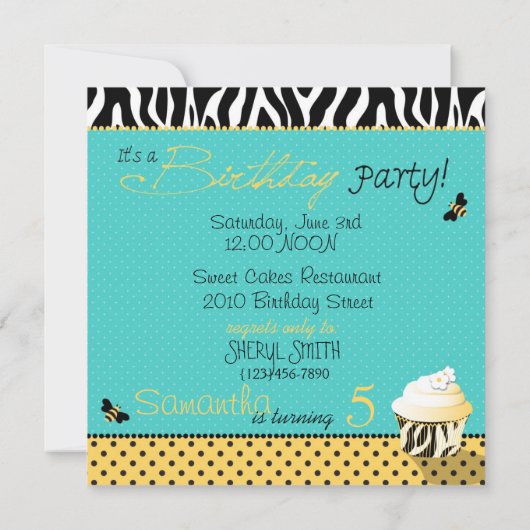 誕生日の蜂のカップケーキの誕生日 招待状 (裏面)