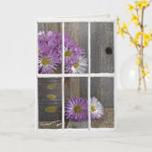 誕生日の記念碑のある窓に雨が降る カード (黄色い花)