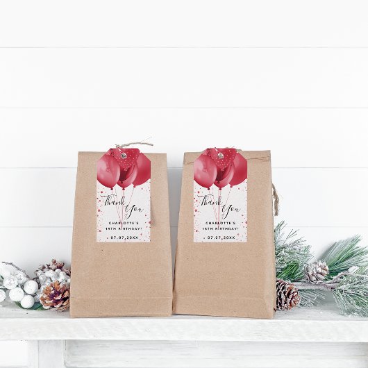 誕生日の赤い白いグリッターバルーン感謝していyou ギフトタグ
