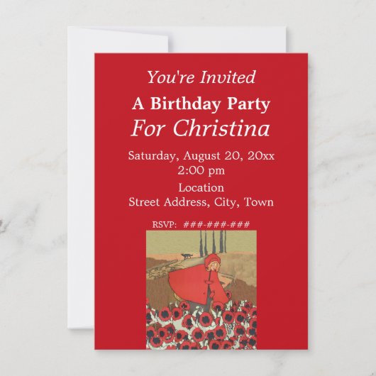 誕生日の赤ずきんちゃん 花を摘む 招待状 (正面)