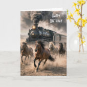誕生日の野生の馬たちとレトロな蒸気機関車 カード (黄色い花)