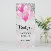 誕生日の銀ピンク風船感謝カード 招待状 (スタンド正面)