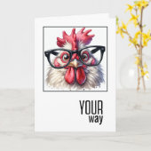 誕生日の雄鶏が大きな眼鏡をかけている カード (黄色い花)