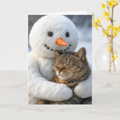 誕生日の雪だるまとトラ猫のハグ カード (黄色い花)