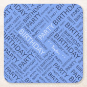 誕生日の青いタイポグラフィの名前の追加 スクエアペーパーコースター (正面)