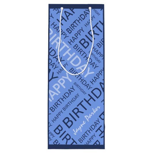 誕生日の青いタイポグラフィの名前の追加 ワインギフトバッグ (裏面)