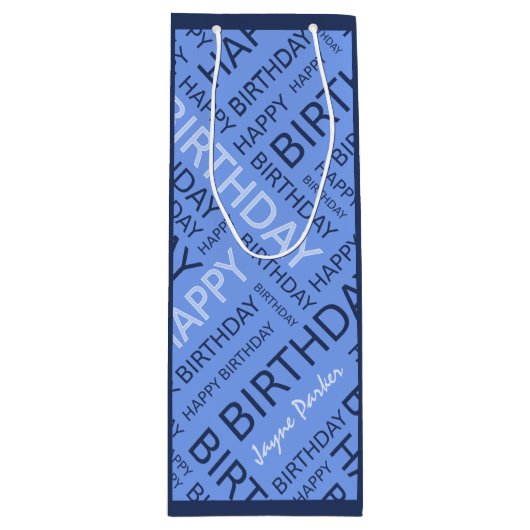 誕生日の青いタイポグラフィの名前の追加 ワインギフトバッグ (正面)