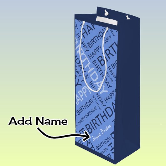 誕生日の青いタイポグラフィの名前の追加 ワインギフトバッグ
