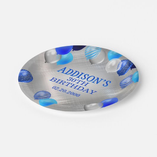 誕生日の青いバルーン ペーパープレート (アングル)