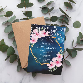 誕生日の青い空 星 ピンクの花 幾何学的なゴールド 招待状