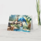 誕生日の青い鳥 レトロな蛇口の上で カード (正面)