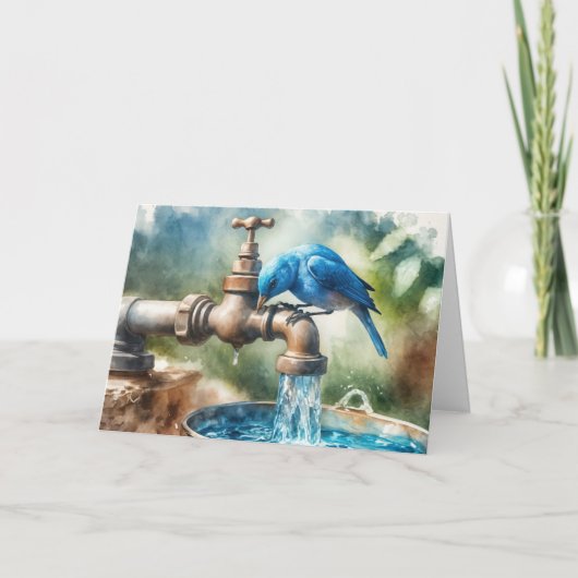 誕生日の青い鳥 レトロな蛇口の上で カード (正面)