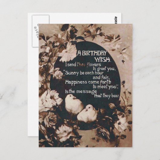 誕生日の願いを伝えるハトのヴィンテージ ポストカード (正面/裏面)