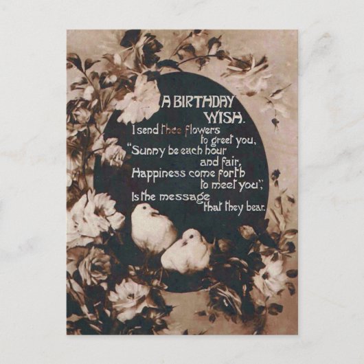 誕生日の願いを伝えるハト ヴィンテージ ポストカード (正面)