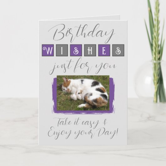 誕生日の願い猫フォトグレーパープルを追加 カード (正面)
