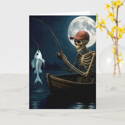 誕生日の骨組み魚釣りを木製のボートに カード (黄色い花)