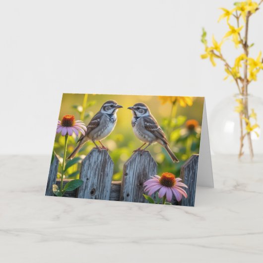 誕生日の鳥と木のフェンスの円錐花 カード (黄色い花)