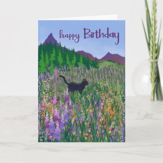 誕生日の黒猫と野の花 カード (正面)