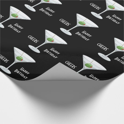 誕生日はマルティーニのガラスオリーブ色のカクテルの黒を元気づけます ラッピングペーパー (角)