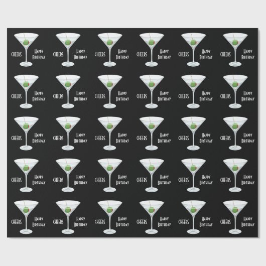 誕生日はマルティーニのガラスオリーブ色のカクテルの黒を元気づけます ラッピングペーパー (フラット)