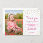 誕生日は写真カードピンクの金ゴールドの紙吹雪感謝していしています サンキューカード (正面/裏面)