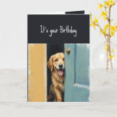 誕生日は走隠せないおもしろい犬 カード (黄色い花)