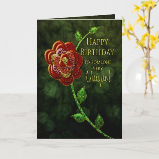 誕生日は-ユニークな誰か非常に-パッチワーク上がりました カード (黄色い花)