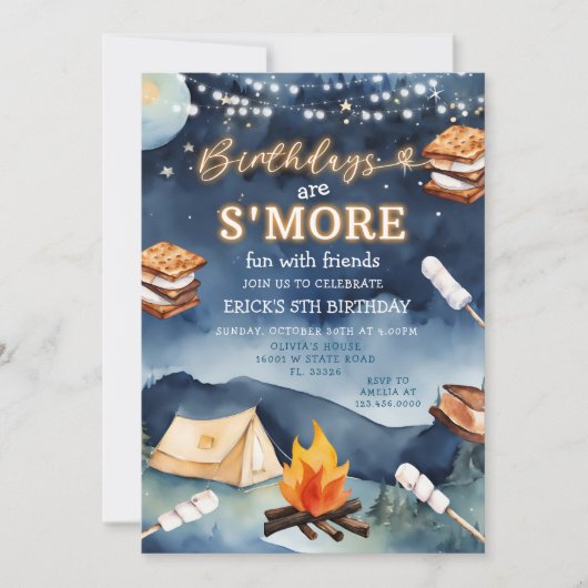 誕生日はs'moresおもしろいナイトキャンプファイアテントパーティー 招待状 (正面)