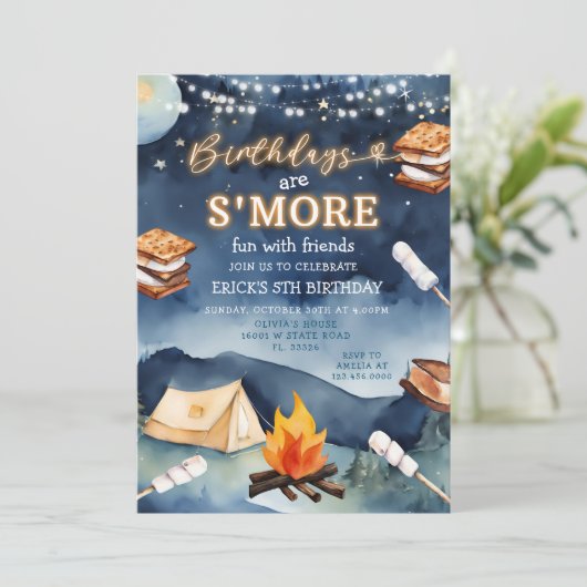 誕生日はs'moresおもしろいナイトキャンプファイアテントパーティー 招待状 (スタンド正面)
