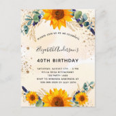 誕生日ひまわりユーカリ緑グリッター インビテーションポストカード (正面)