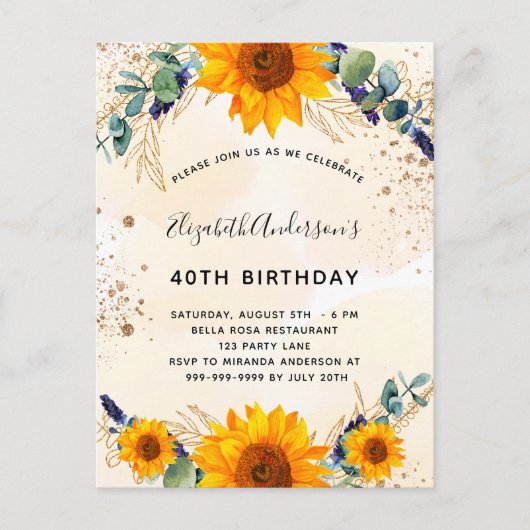 誕生日ひまわりユーカリ緑グリッター インビテーションポストカード (正面)