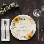 誕生日ひまわりユーカリ緑グリッター ペーパープレート