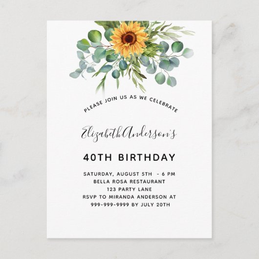 誕生日ひまわりユーカリ インビテーションポストカード (正面)