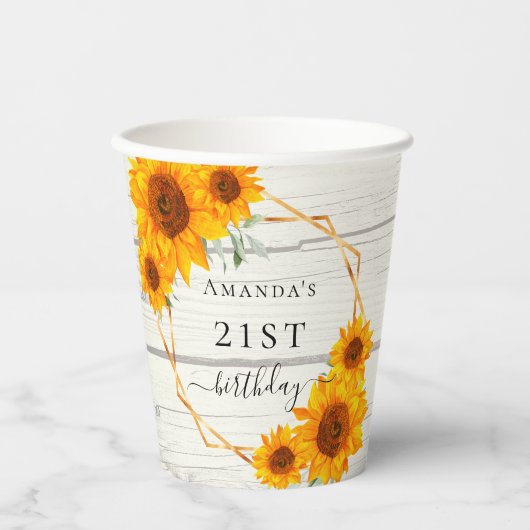 誕生日ひまわり素朴な木白名 紙コップ (正面)